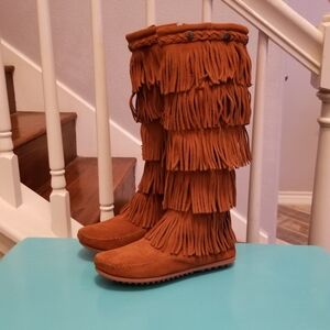 Tan Suede Moccasins with Lsyered Fringe